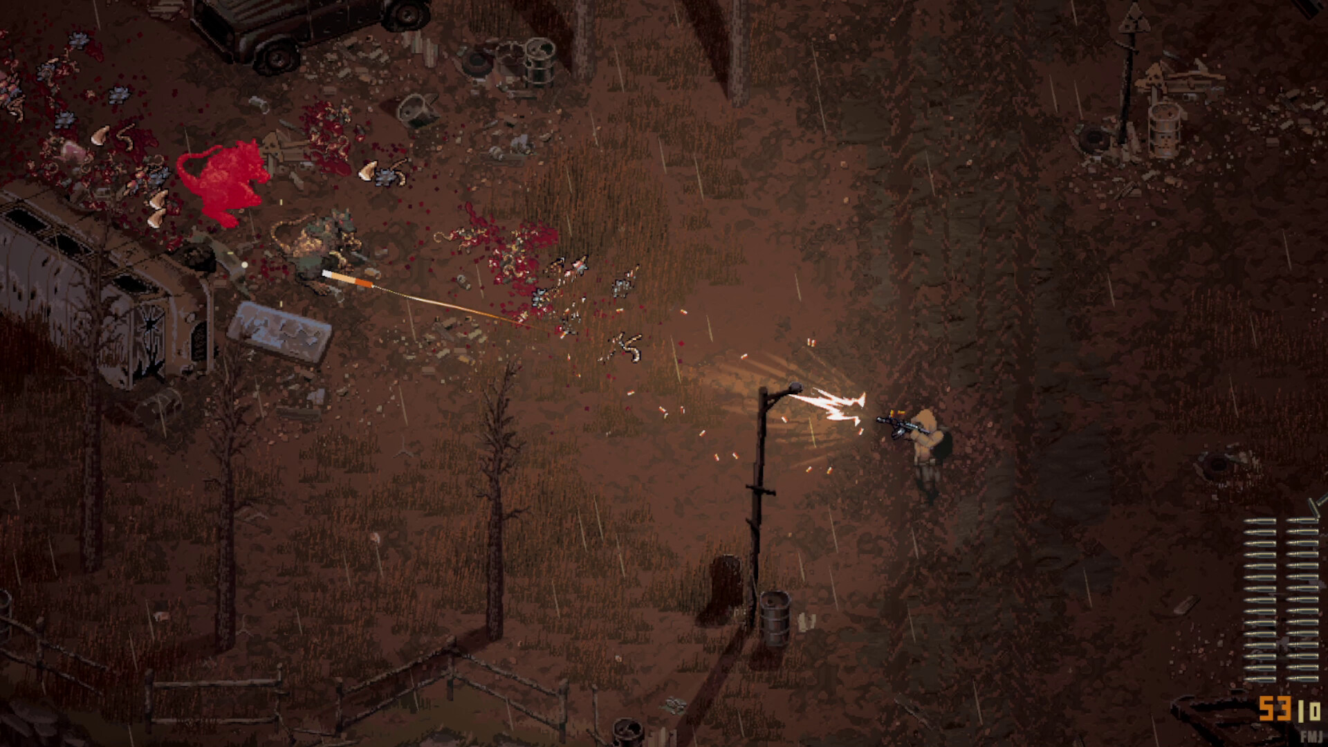 A scavenger exploring a ruined settlement at night