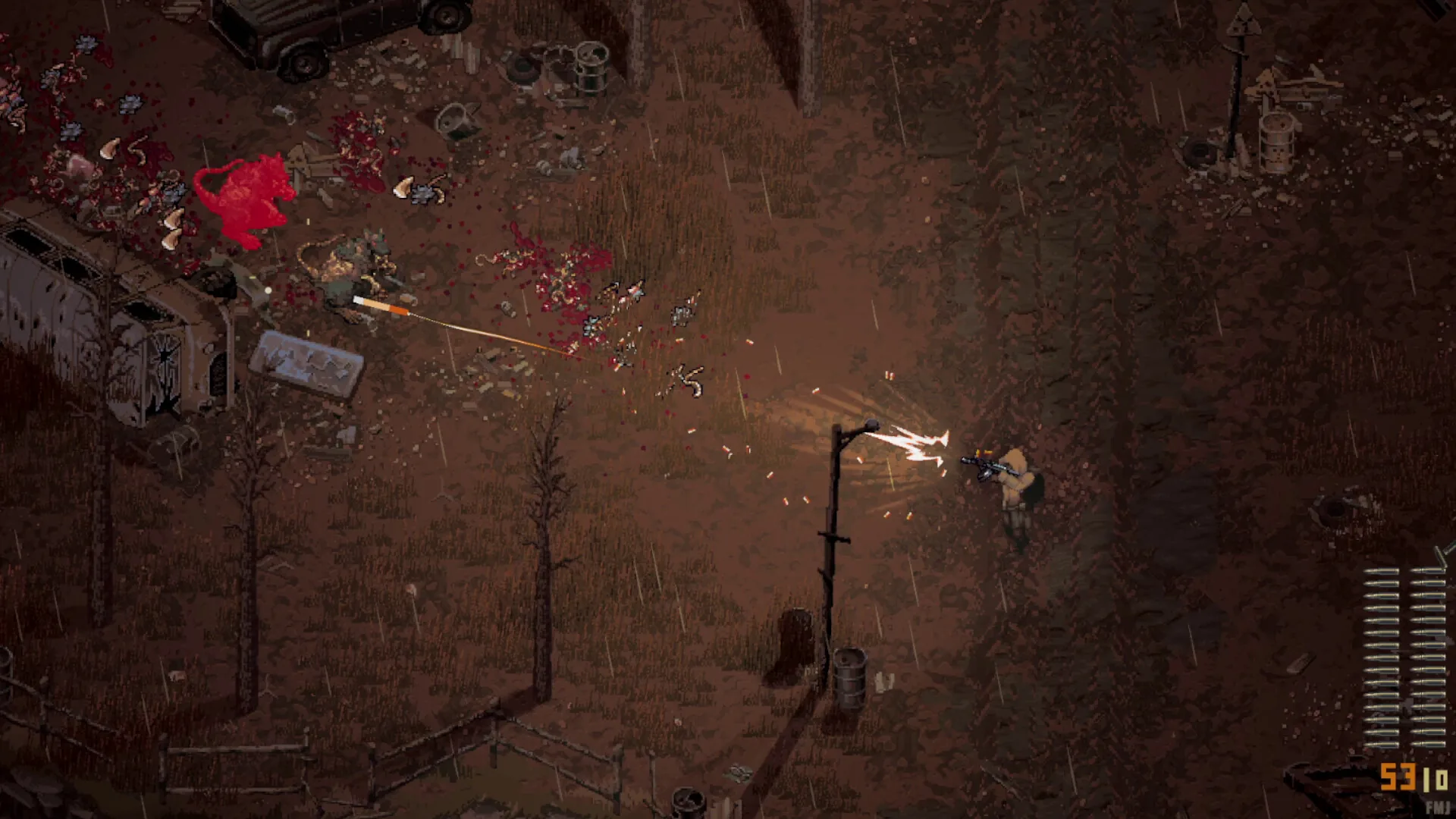 A scavenger exploring a ruined settlement at night